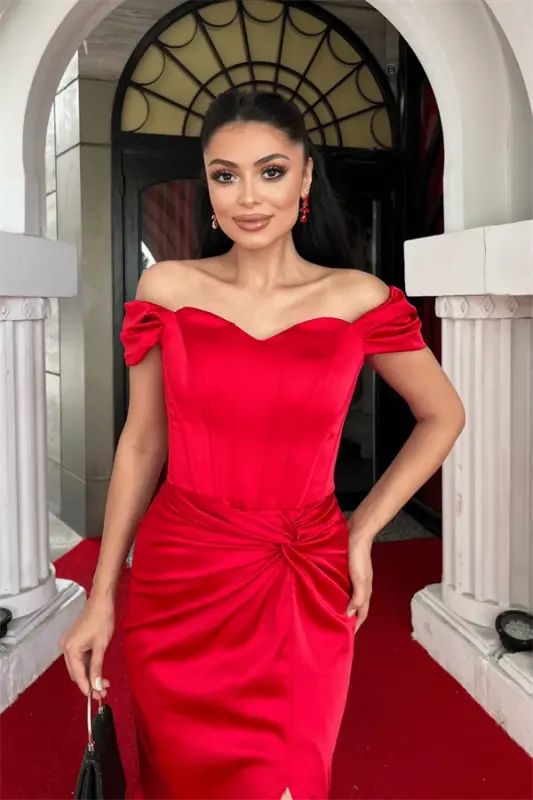 Satin Fabric Draped Off-Shoulder Evening Dress - RED - 3