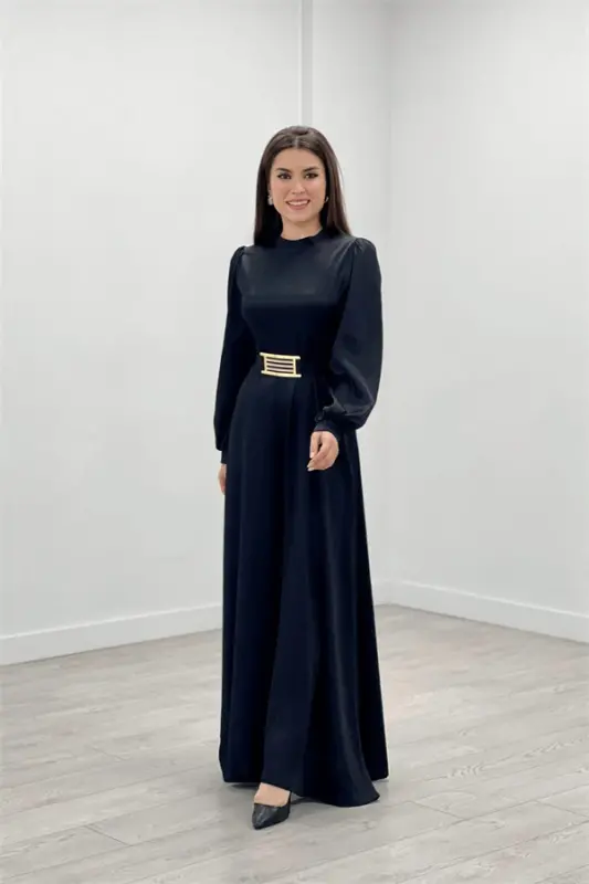 Satin Fabric Dress with Belt Detail - BLACK - BÜYÜKBEDENIZ