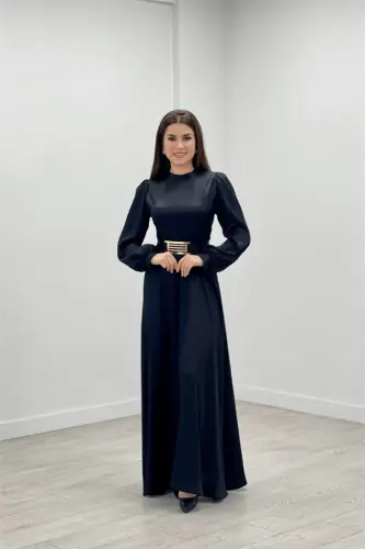 Satin Fabric Dress with Belt Detail - BLACK - BÜYÜKBEDENIZ (1)