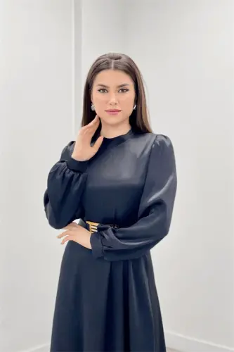 Satin Fabric Dress with Belt Detail - BLACK - 3