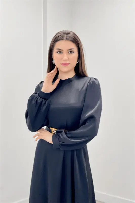 Satin Fabric Dress with Belt Detail - BLACK - 3