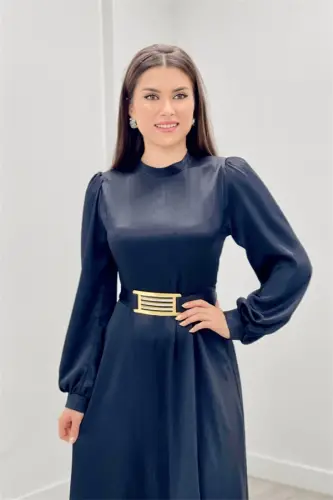 Satin Fabric Dress with Belt Detail - BLACK - 4