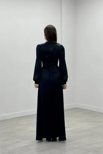 Satin Fabric Dress with Belt Detail - BLACK - 5