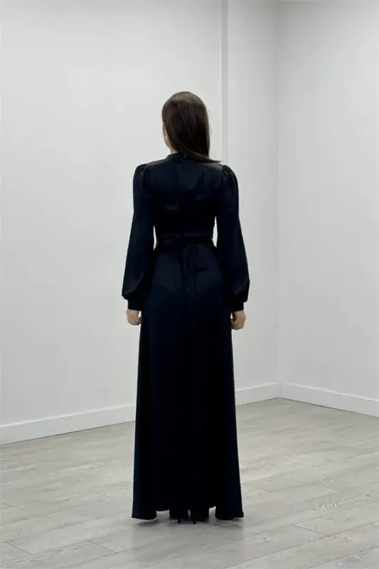 Satin Fabric Dress with Belt Detail - BLACK - 5