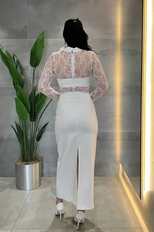 Satin Fabric Dress with Lace Detail - WHITE - 10