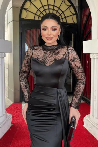 Satin Fabric Evening Dress with Lace Detail - BLACK - 3