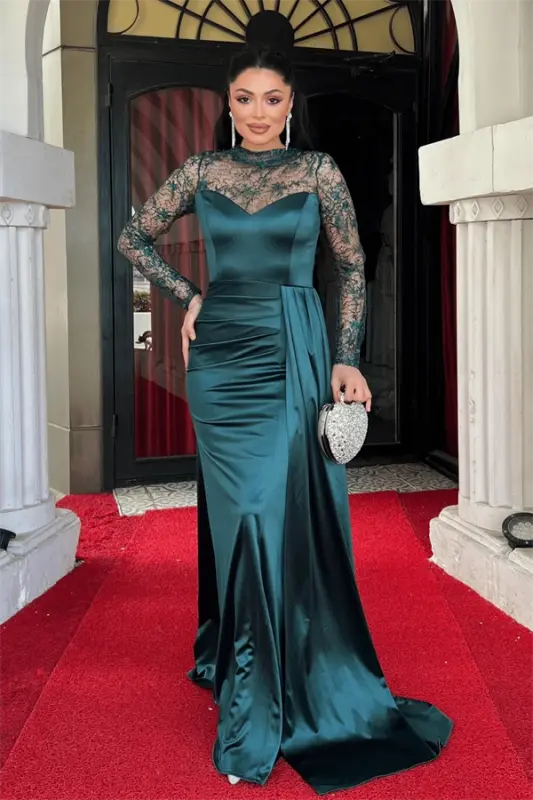 Satin Fabric Evening Dress with Lace Detail - EMERALD GREEN - BÜYÜKBEDENIZ