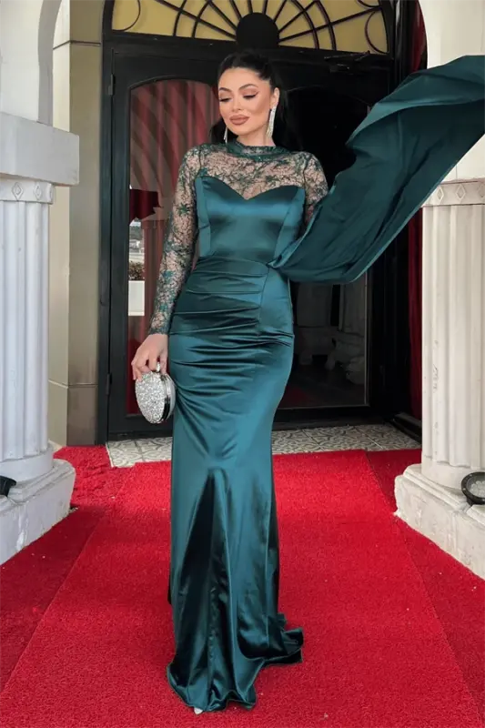 Satin Fabric Evening Dress with Lace Detail - EMERALD GREEN - 2