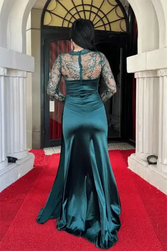 Satin Fabric Evening Dress with Lace Detail - EMERALD GREEN - 5