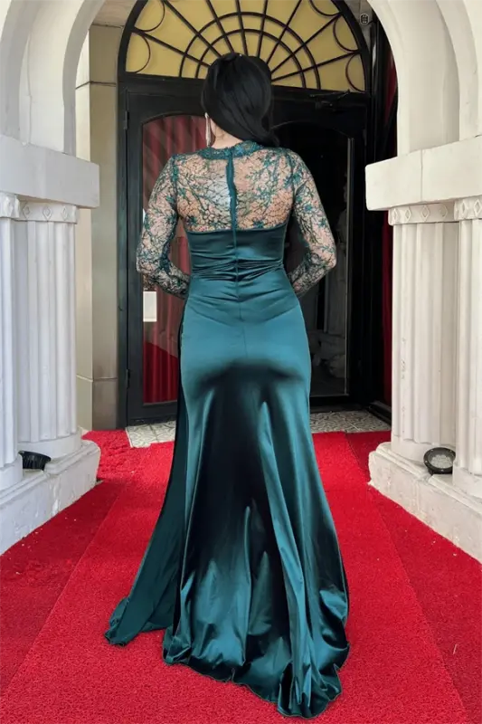 Satin Fabric Evening Dress with Lace Detail - EMERALD GREEN - 5
