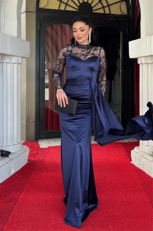 Satin Fabric Evening Dress with Lace Detail - NAVY BLUE - 2