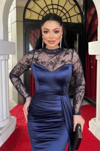 Satin Fabric Evening Dress with Lace Detail - NAVY BLUE - 3