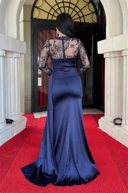 Satin Fabric Evening Dress with Lace Detail - NAVY BLUE - 5