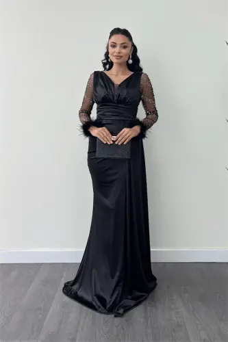 Satin Fabric Feather Sleeves Beaded Mermaid Dress - BLACK - 1