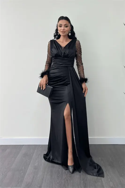 Satin Fabric Feather Sleeves Beaded Mermaid Dress - BLACK - 2