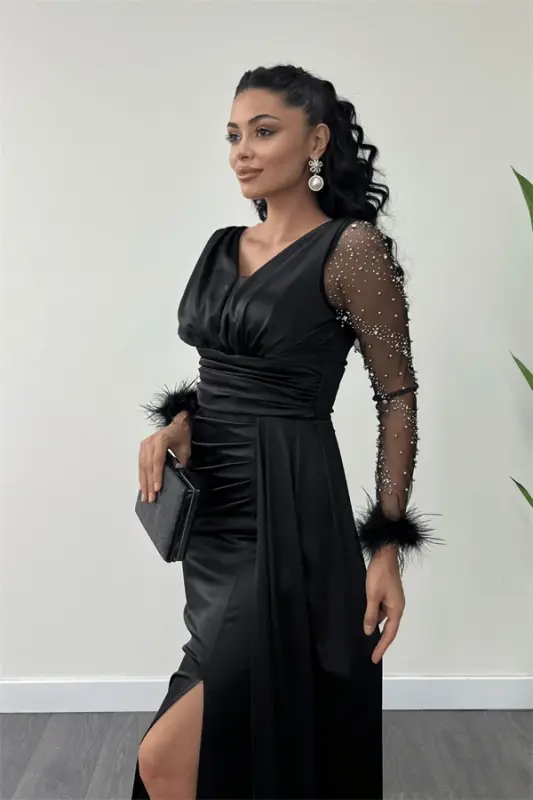 Satin Fabric Feather Sleeves Beaded Mermaid Dress - BLACK - 3