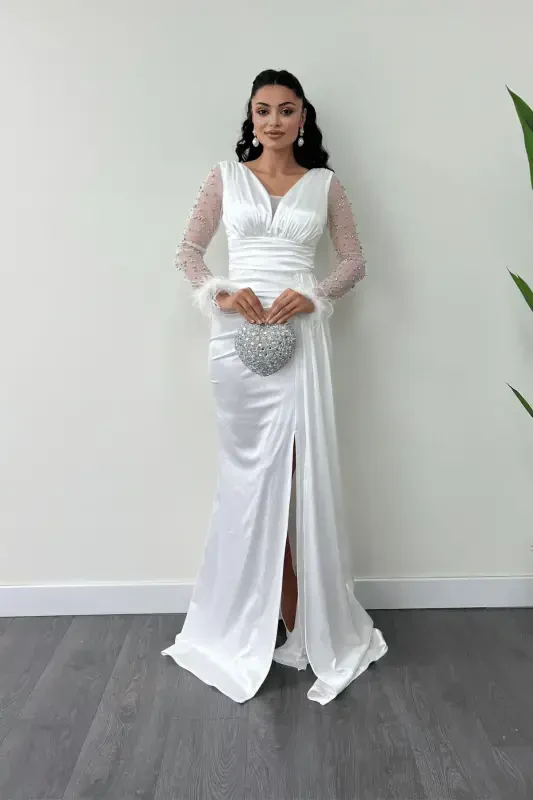 Satin Fabric Feather Sleeves Beaded Mermaid Dress - WHITE-WHITE - 1