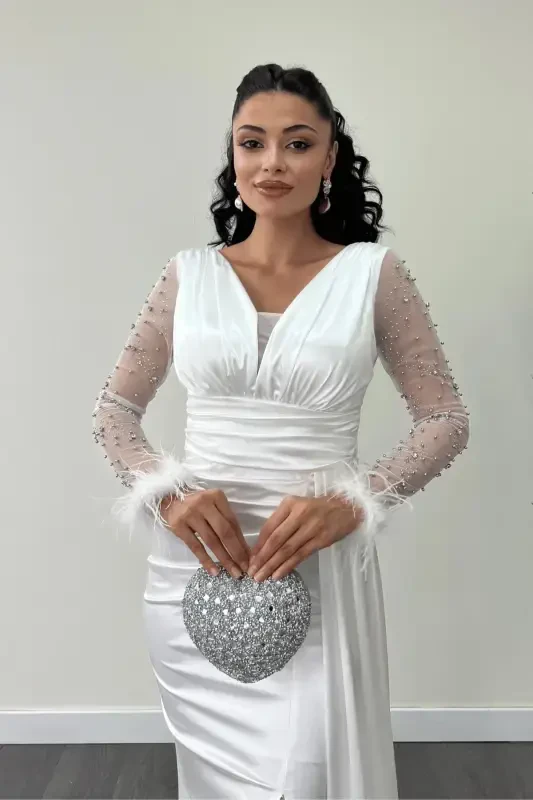 Satin Fabric Feather Sleeves Beaded Mermaid Dress - WHITE-WHITE - 3