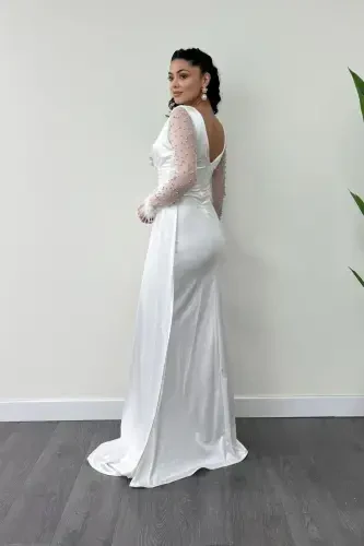 Satin Fabric Feather Sleeves Beaded Mermaid Dress - WHITE-WHITE - 5