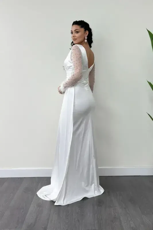 Satin Fabric Feather Sleeves Beaded Mermaid Dress - WHITE-WHITE - 5