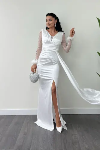 Satin Fabric Feather Sleeves Beaded Mermaid Dress - WHITE-WHITE - GIYIMMASALI (1)