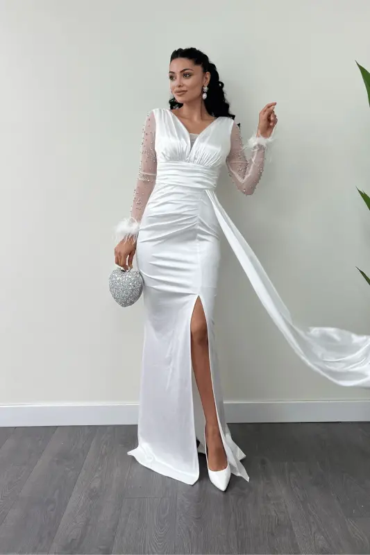 Satin Fabric Feather Sleeves Beaded Mermaid Dress - WHITE-WHITE - 2