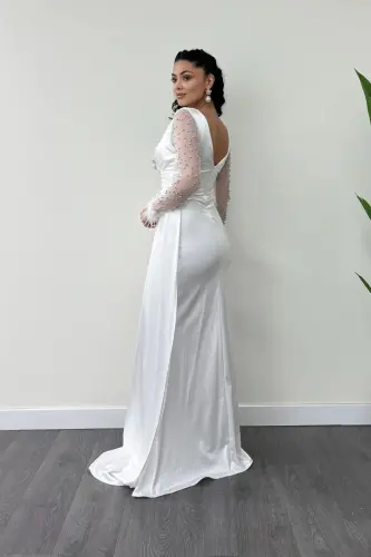 Satin Fabric Feather Sleeves Beaded Mermaid Dress - WHITE-WHITE - 5