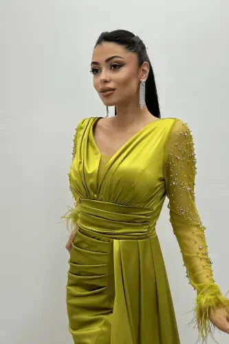 Satin Fabric Feather Trimmed Beaded Mermaid Dress - GREEN-GREEN - 4