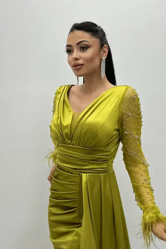 Satin Fabric Feather Trimmed Beaded Mermaid Dress - GREEN-GREEN - 4