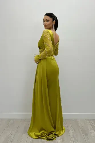 Satin Fabric Feather Trimmed Beaded Mermaid Dress - GREEN-GREEN - 5