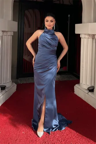 Satin Fabric Halter Neck Evening Dress - INDIGO BLUE - 1