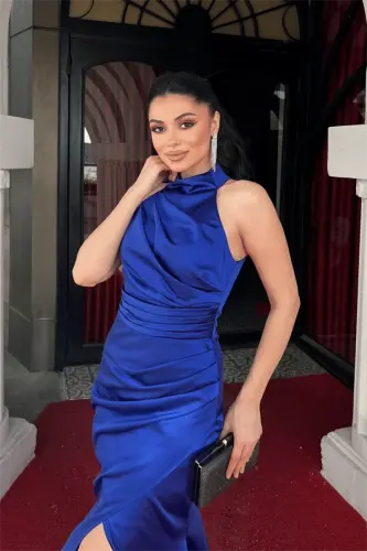 Satin Fabric Halter Neck Evening Dress - SAPPHIRE BLUE - 3