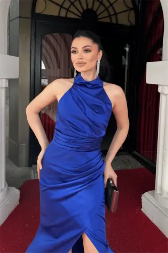 Satin Fabric Halter Neck Evening Dress - SAPPHIRE BLUE - 4