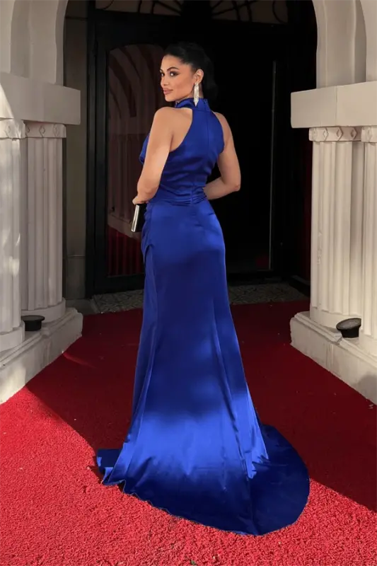 Satin Fabric Halter Neck Evening Dress - SAPPHIRE BLUE - 5