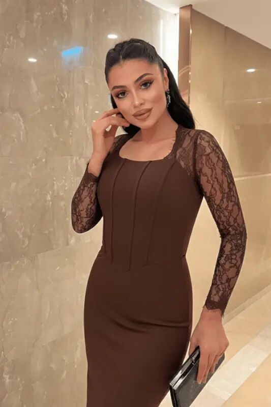 Satin Fabric Lace Detailed Corset Evening Dress - BROWN - 7