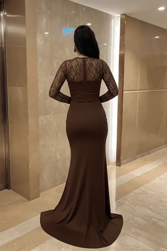 Satin Fabric Lace Detailed Corset Evening Dress - BROWN - 8