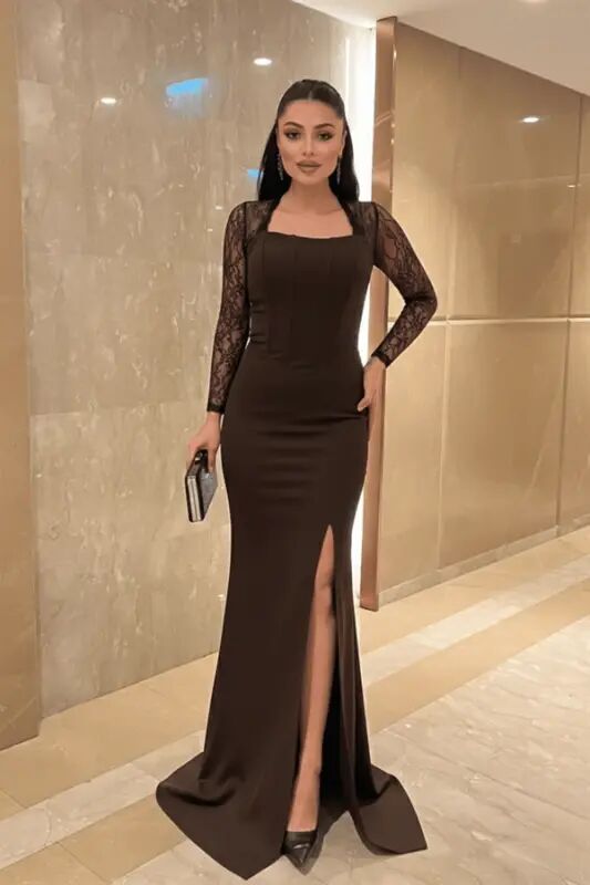 Satin Fabric Lace Detailed Corset Evening Dress - BROWN - 1