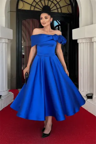 Satin Fabric Midi Dress with Rose Detail - SAPPHIRE BLUE - BÜYÜKBEDENIZ (1)