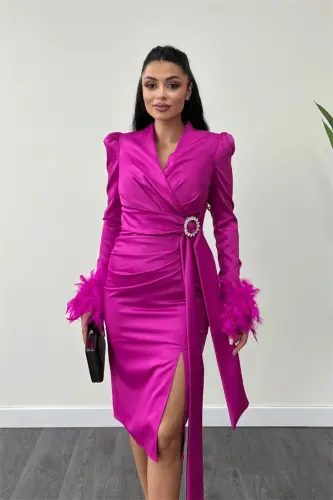 Satin Fabric Ostrich Detailed Pencil Dress - FUCHSIA - 4