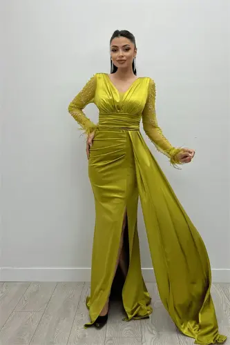 Satin Fabric Ostrich Feather Sleeve Beaded Mermaid Dress - GREEN - BÜYÜKBEDENIZ (1)