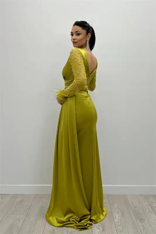 Satin Fabric Ostrich Feather Sleeve Beaded Mermaid Dress - GREEN - 5