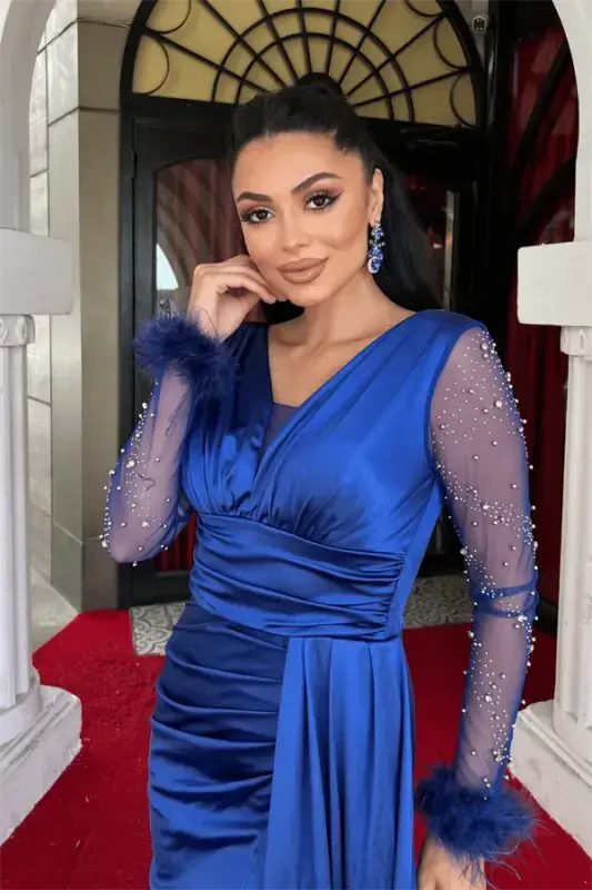 Satin Fabric Ostrich Feather Sleeve Beaded Mermaid Dress - SAPPHIRE BLUE - 3