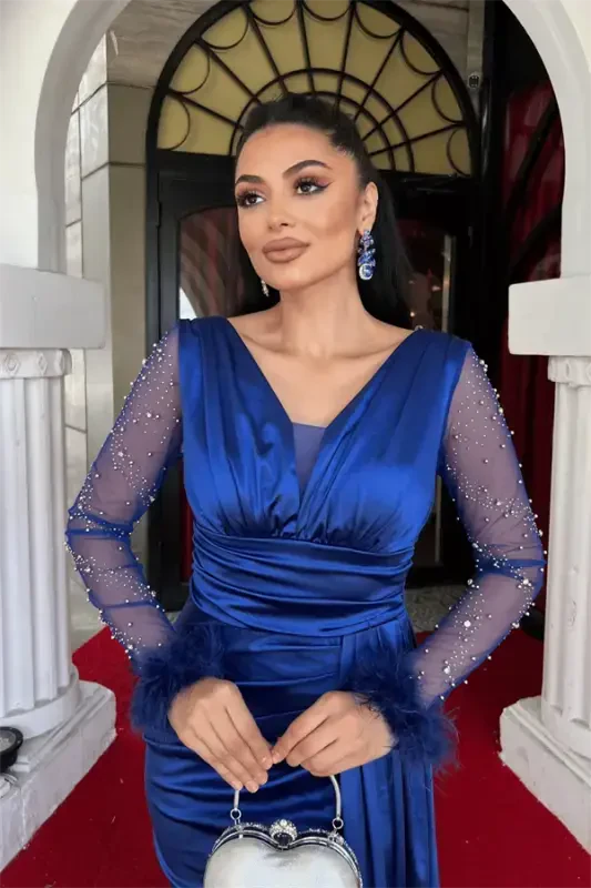 Satin Fabric Ostrich Feather Sleeve Beaded Mermaid Dress - SAPPHIRE BLUE - 4