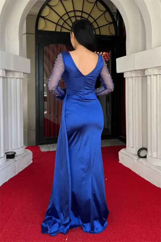 Satin Fabric Ostrich Feather Sleeve Beaded Mermaid Dress - SAPPHIRE BLUE - 5