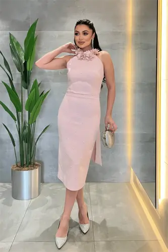 Satin Fabric Pearl Detailed Halter Neck Pencil Dress - POWDER - BÜYÜKBEDENIZ (1)