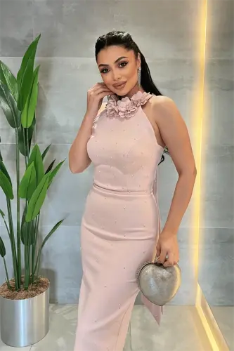 Satin Fabric Pearl Detailed Halter Neck Pencil Dress - POWDER - 3