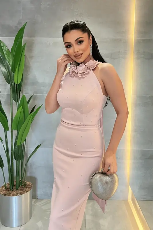 Satin Fabric Pearl Detailed Halter Neck Pencil Dress - POWDER - 3