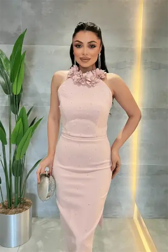 Satin Fabric Pearl Detailed Halter Neck Pencil Dress - POWDER - 4