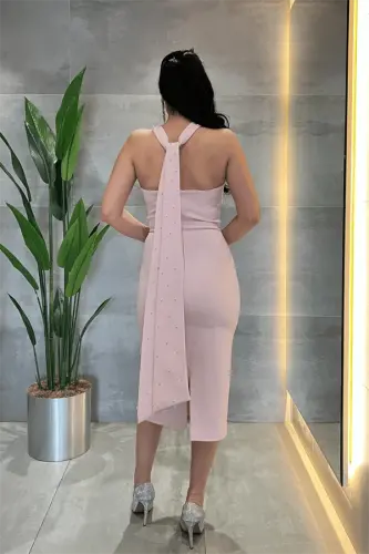 Satin Fabric Pearl Detailed Halter Neck Pencil Dress - POWDER - 5