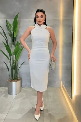 Satin Fabric Pearl Detailed Halter Neck Pencil Dress - WHITE - 1